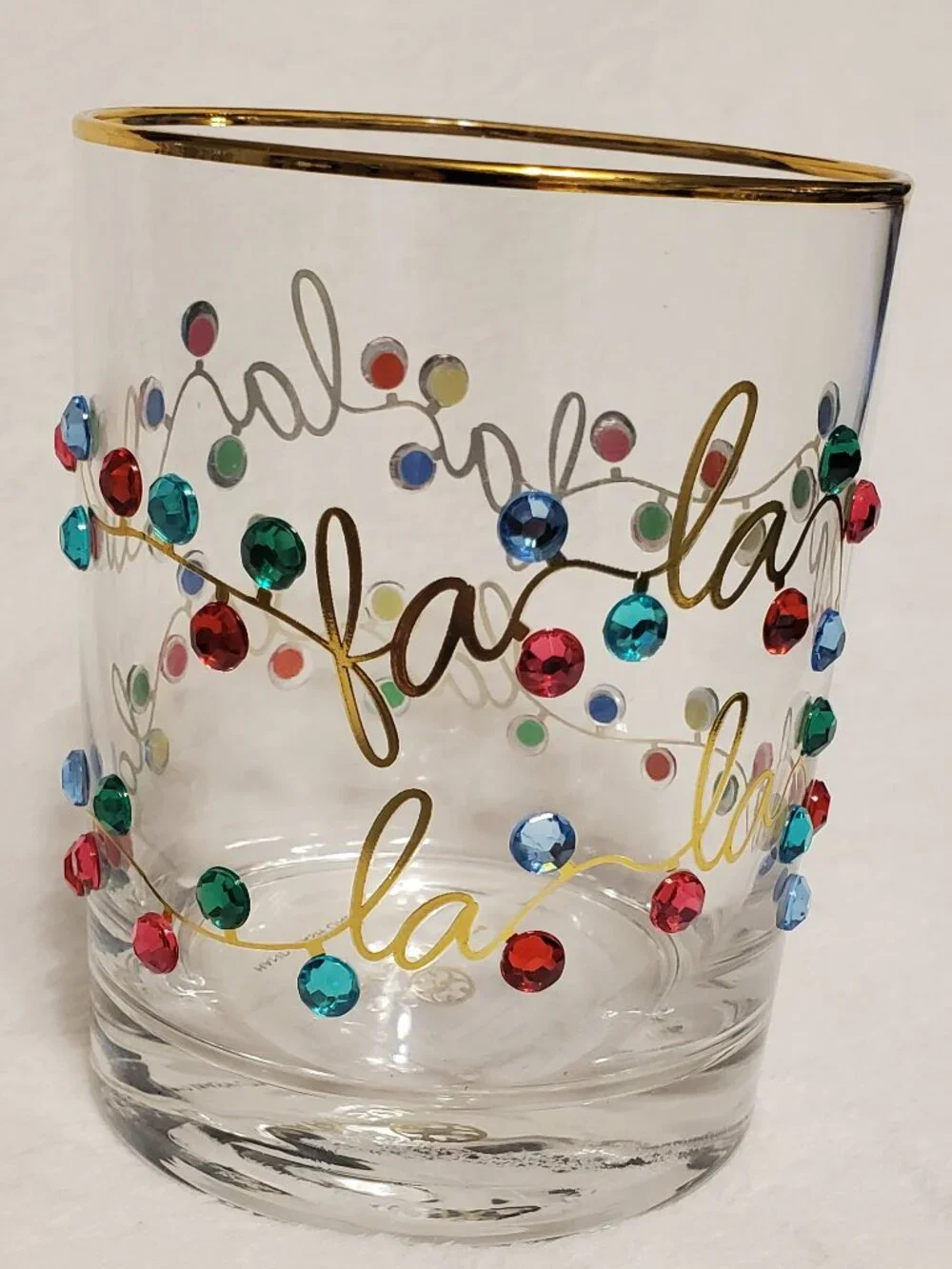 Mary Square Rhinestone Lights Rocks Glass Set -Gold Rim Brand New! Great Gift!